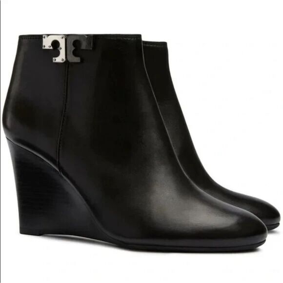 Tory Burch Leather Lowell Wedge Bootie, Black 10 - Picture 1 of 8
